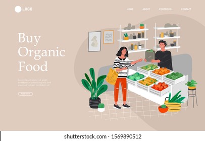 Landing page template with Girl grocery shopping healthy green eco food in a store or market. Daily life and everyday routine scene by young woman in scandinavian style cozy interior. Cartoon vector