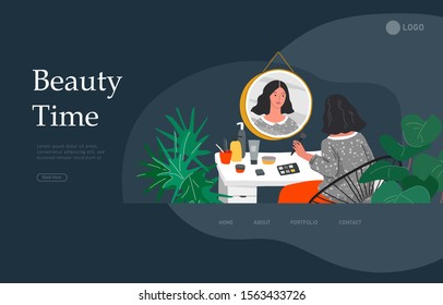 Landing page template with Girl makes make up in front of a mirror for skin care and beauty blogging. Daily life and everyday routine scene by young woman in scandinavian style cozy interior. Cartoon