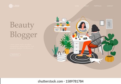 Landing page template with Girl makes make up in front of a mirror for skin care and beauty blogging. Daily life and everyday routine scene by young woman in scandinavian style cozy interior. Cartoon