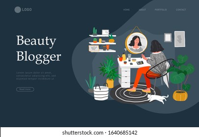 Landing page template with Girl makes make up in front of a mirror for skin care and beauty blogging. Daily life and everyday routine scene by young woman in scandinavian style cozy interior. Cartoon