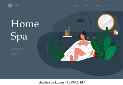 Landing page template with Girl relaxes in bath with foam and sleeping cat. Daily life and everyday routine scene by young woman in scandinavian style cozy bathroom. Cartoon vector illustration.