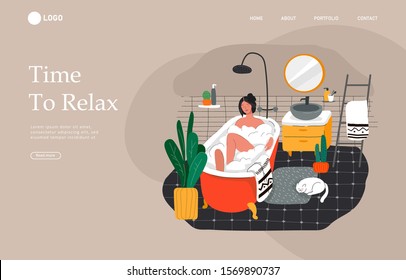 Landing page template with Girl relaxes in bath with foam and sleeping cat. Daily life and everyday routine scene by young woman in scandinavian style cozy bathroom. Cartoon vector illustration.