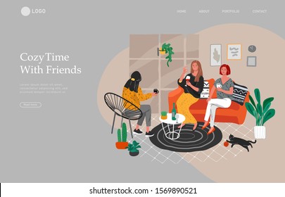 Landing page template with girl sitting and resting on the couch with a cat and coffee. Daily life and everyday routine scene by young woman in scandinavian style cozy. Cartoon vector illustration.