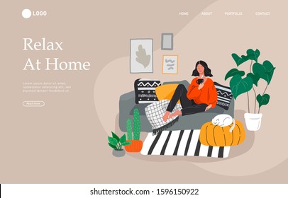 Landing page template with girl sitting and resting on the couch with a cat and coffee. Daily life and everyday routine scene by young woman in scandinavian style cozy. Cartoon vector illustration.