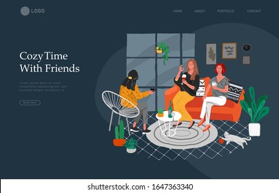 Landing page template with girl sitting and resting on the couch with a cat and coffee. Daily life and everyday routine scene by young woman in scandinavian style cozy. Cartoon vector illustration.