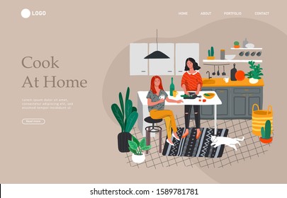 Landing page template with Girlfriends preparing dinner in kitchen drink coffee and talking. Daily life and everyday routine scene by young woman in scandinavian style cozy interior. Cartoon vector