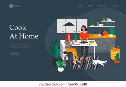 Landing page template with Girlfriends preparing dinner in kitchen drink coffee and talking. Daily life and everyday routine scene by young woman in scandinavian style cozy interior. Cartoon vector