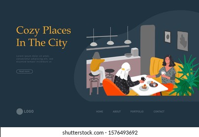 Landing page template with Girlfriends sitting in cafe or bar eating sweets, drinking coffee and talking. Daily life and everyday routine scene by young woman in scandinavian, style cozy interior