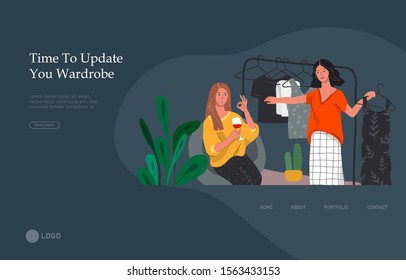 Landing page template with Girls choose outfits in wardrobe, drink wine and laugh, shopping and relaxing. Daily life and everyday routine scene in scandinavian style cozy interior. Cartoon vector