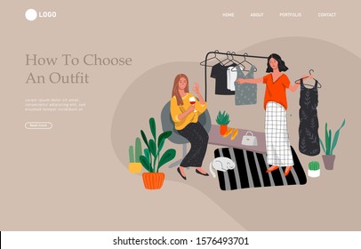 Landing page template with Girls choose outfits in wardrobe, drink wine and laugh, shopping and relaxing. Daily life and everyday routine scene in scandinavian style cozy interior. Cartoon vector