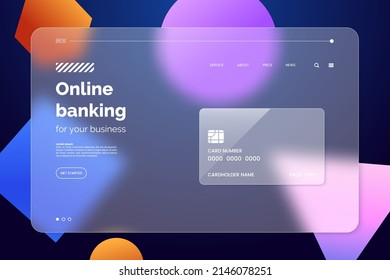 Landing page template in glassmorphism style. Horizontal Website screen with glass overlay effect isolated on abstract background. Online banking concept. Vector illustration.