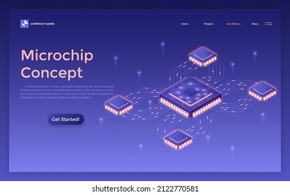 Landing page template with glowing network of interconnected processing units or microchips. Concept of integrated circuit or microprocessor technology. Isometric vector illustration for webpage.
