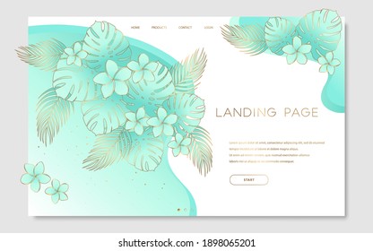 Landing page template with gold trendy monstera, palm leaves and exotic flowers on light green and white background. Tropical botanical design vector illustration concept for website development