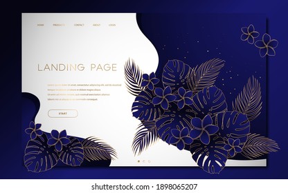 Landing page template with gold trendy monstera, palm leaves and exotic flowers on dark blue and white background. Tropical botanical design vector illustration concept for website development