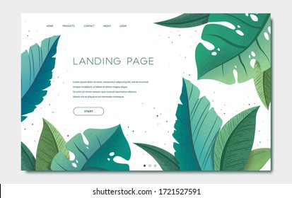 Landing page template with green trendy exotic palm leaves and monstera on white background. Tropical botanical design vector illustration concept for website development