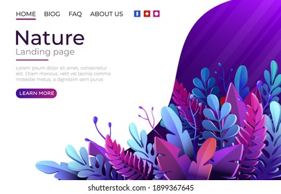 Landing page template with green trendy exotic palm leaves background. Tropical botanical design. Vector illustration concept for website development