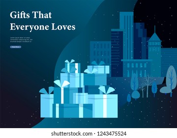 Landing page template or greeting card winter Holidays. Merry Christmas and Happy New Year Website with Christmas gift on background Urban winter snowy park landscape