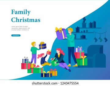Landing page template greeting card winter Holidays. Merry Christmas and Happy New Year Website. People Characters family give present, unpack gift on background of interior living room