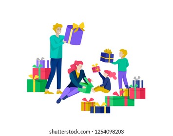 Landing page template greeting card winter Holidays. Merry Christmas and Happy New Year Website. People Characters family give present, unpack gift on background of christmas tree