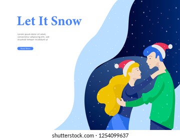 Landing page template or greeting card winter Holidays. Merry Christmas and Happy New Year Website with People Characters happy romantic couple in love hugging on snowy background