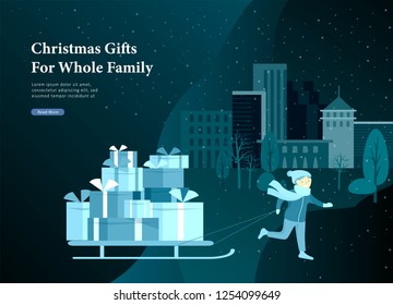 Landing page template greeting card winter Holidays. Merry Christmas and Happy New Year Website. Character little girl to drag sleigh with a lot of gifts in park on snowy landscape background