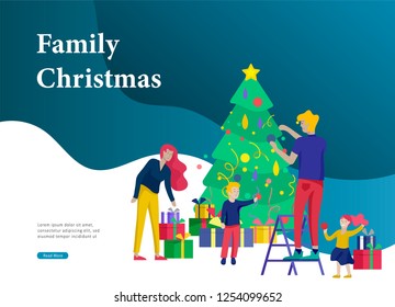Landing page template greeting card winter Holidays. Merry Christmas and Happy New Year Website. People Characters family with present decorating Christmas tree on background of interior living room