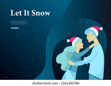 Landing page template or greeting card winter Holidays. Merry Christmas and Happy New Year Website with People Characters happy romantic couple in love hugging on background