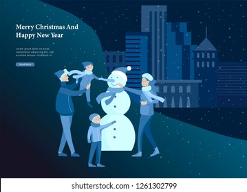 Landing page template greeting card winter Holidays. Merry Christmas and Happy New Year Website. People Characters family makes family snowman in park on snowy landscape background