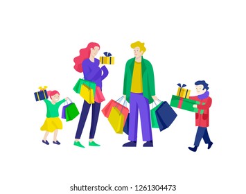 Landing page template or greeting card winter Holidays. Merry Christmas and Happy New Year Website with People Characters preparing for celebrating. Happy family buying presents, with purchases