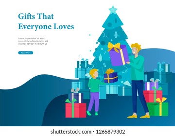 Landing page template greeting card winter Holidays. Merry Christmas and Happy New Year Website. People Characters family give present, unpack gift on background of christmas tree