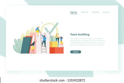 Landing page template with group of clerks, employees or office workers climbing up together and supporting each other. Team building, teamwork. Flat vector illustration for website, web banner.