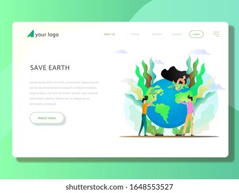 Landing page template with a group of ecologists who protect the Earth. protection of the Earth, use of environmentally friendly technology. clean air. Colorful flat vector illustration.