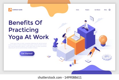 Landing page template with group of employees or clerks practicing yoga, mindful meditation and performing asanas together at work. Modern isometric vector illustration for website, advertisement.
