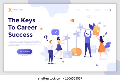 Landing page template with group of job applicants or employees trying to take keys. Concept of career success, employment opportunities. Modern flat vector illustration for website, web banner.