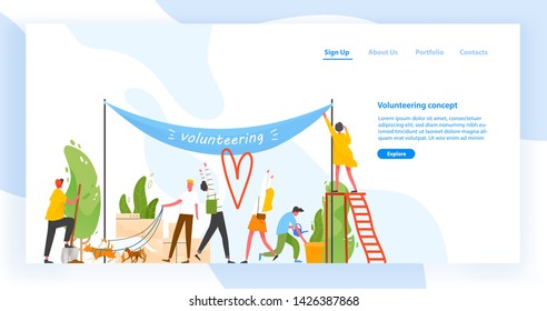 Landing page template with group of men and women taking part in volunteer organization or movement, volunteering or performing altruistic activities together. Modern flat vector illustration.