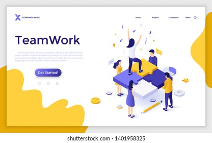 Landing page template with group of office workers holding jigsaw puzzle pieces and woman celebrating professional success. Successful teamwork. Modern isometric vector illustration for website.