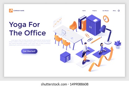 Landing page template with group of office workers sitting cross legged and performing yoga or pranayama meditation. Spiritual practice at work. Isometric vector illustration for webpage, banner.