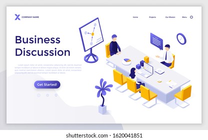 Landing page template with group of office workers sitting at table and talking. Concept of corporate meeting, discussion, conversation, business negotiation. Modern isometric vector illustration.