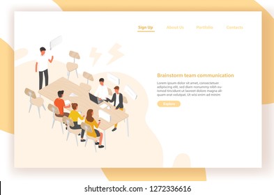 Landing page template with group of people or office workers sitting at table and talking to each other. Work meeting, discussion, team communication, brainstorm. Isometric vector illustration.