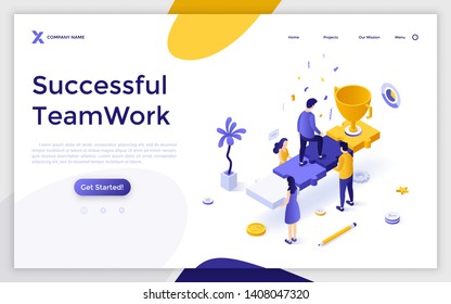 Landing page template with group of people holding man ascending stairs made of jigsaw puzzle pieces and champion cup. Successful teamwork, route to success. Modern isometric vector illustration.