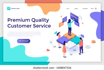 Landing page template with group of people holding jigsaw puzzle pieces and woman leaving positive five star feedback. Premium quality customer service. Isometric vector illustration for website.