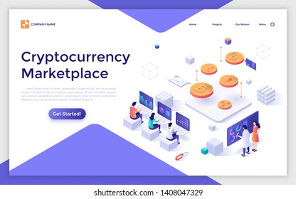 Landing page template with group of people working on laptop computers and giant crypto coins. Cryptocurrency marketplace for exchange of Bitcoin and digital currencies. Isometric vector illustration.