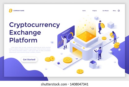 Plantilla de página de inicio con un grupo de personas trabajando en computadoras portátiles y monedas de criptografía gigantes. Mercado de criptodivisa para el intercambio de bitcoin y monedas digitales. Isométrica ilustración vectorial.