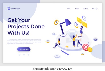 Landing page template with group of people completed work on business project. Task management, strategic planning and organization. Modern isometric vector illustration for web service advertisement.
