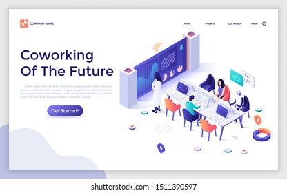 Landing page template with group of people and robot sitting together at desk during business meeting and working on computers. Teamwork at coworking space of future. Isometric vector illustration.