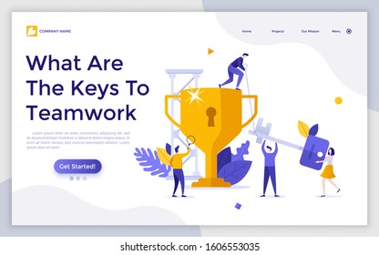 Landing page template with group of people trying to unlock golden goblet with keyhole. Concept of key to successful teamwork, success in collaboration. Modern flat vector illustration for website.