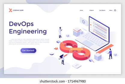 Landing Page Template With Group Of People, Giant Laptop Computer And Infinity Symbol. Concept Of Devops Engineering, Software Development, System Administration. Modern Isometric Vector Illustration.