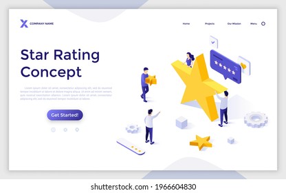 Landing page template with group of people and golden stars. Concept of quality ranking, excellent rating score, positive review, user feedback. Modern isometric vector illustration for website.