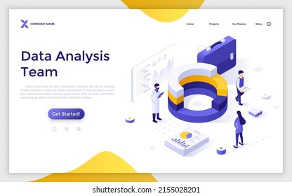 Landing page template with group of people analyzing round chart. Concept of team of analysts working on data analysis project, statistical research. Modern isometric vector illustration for website.