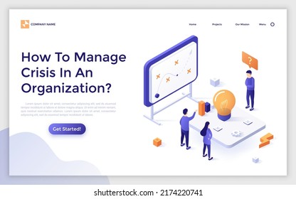 Landing page template with group of people standing around lightbulb. Concept of crisis management strategy, problem-solving, brainstorming. Modern colorful isometric vector illustration for webpage.